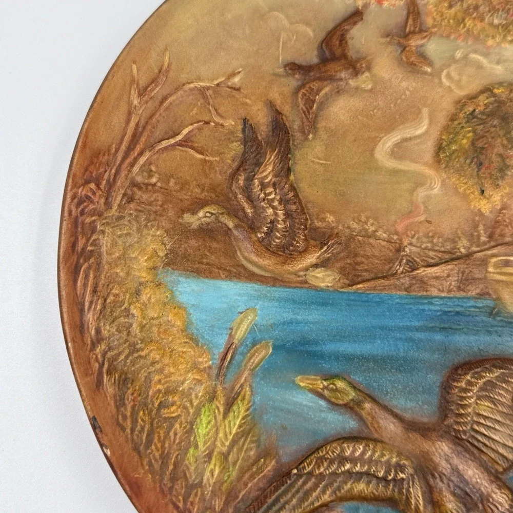 Vintage 1970 Duck Hunter in Boat Painted Plate